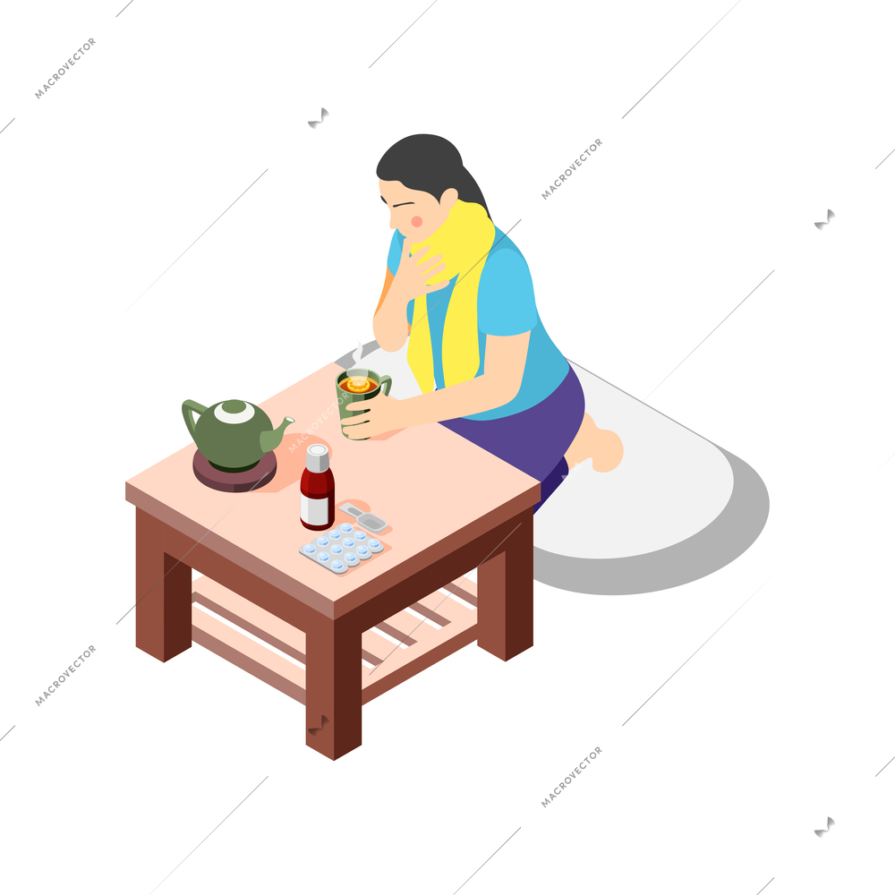 Flu isometric icon with woman having sore throat drinking hot tea 3d vector illustration