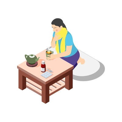 Flu isometric icon with woman having sore throat drinking hot tea 3d vector illustration