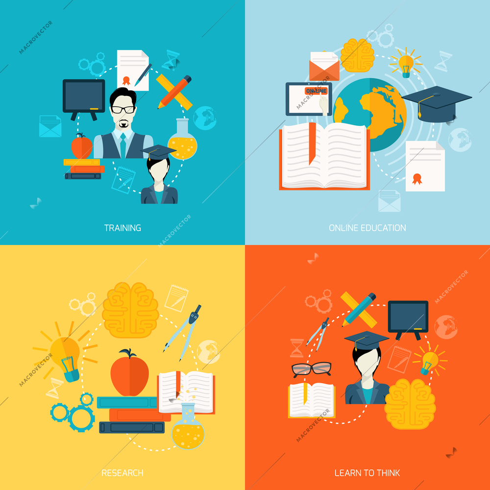 Education school university online flat icons set with training research learn to think isolated vector illustration