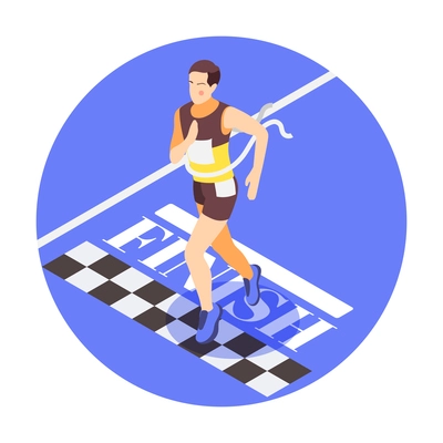 Running isometric composition with male runner finishing race 3d vector illustration