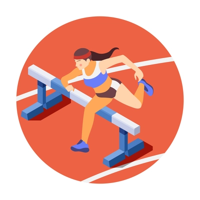 Hurdling isometric composition with woman jumping over hurdles vector illustration