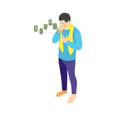 Coughing sick man wearing warm scarf isometric icon 3d vector illustration