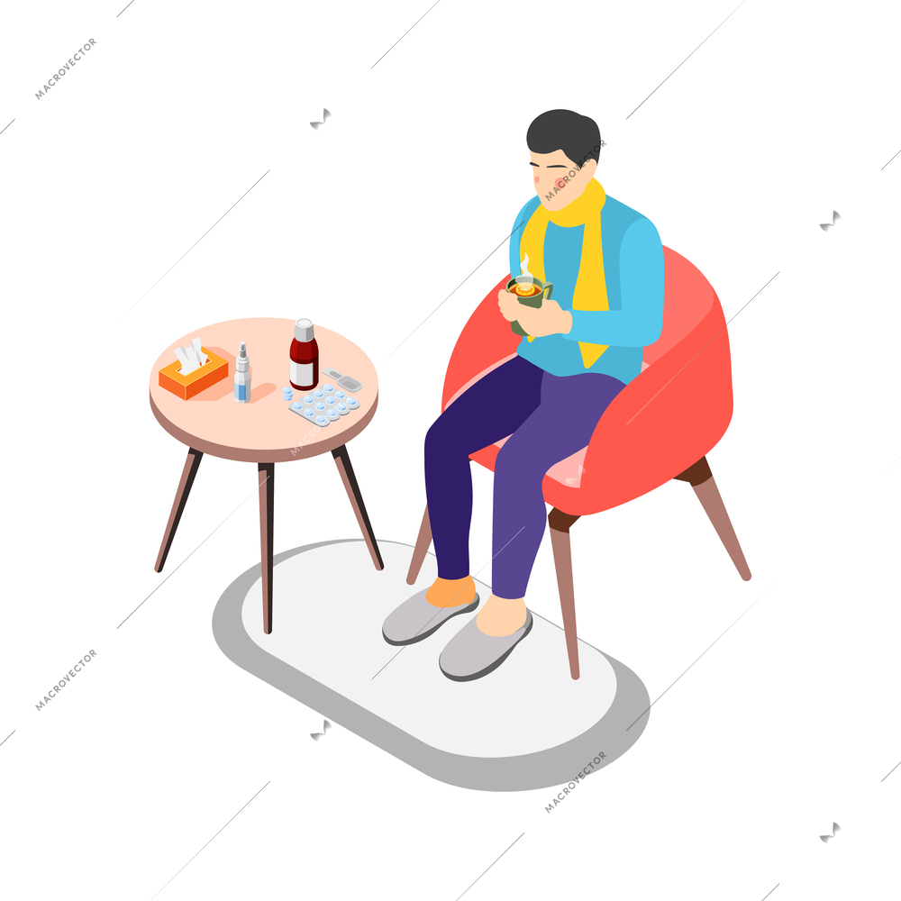 Isometric icon with sick man wearing scarf drinking hot tea with lemon 3d vector illustration