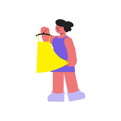 Body positive female character trying on yellow dress flat vector illustration