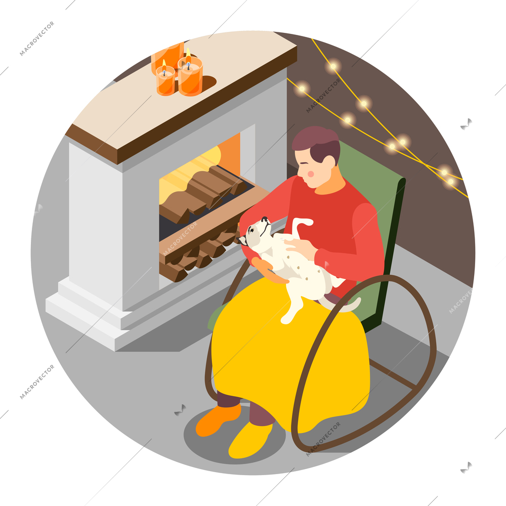 Hygge lifestyle isometric composition with man and his dog in cozy room with fireplace candles plaid vector illustration