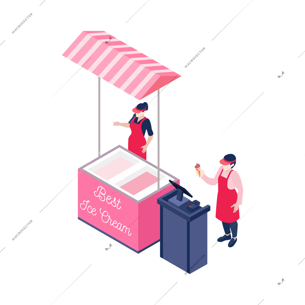 Outdoor ice cream stall and two characters of vendors 3d isometric vector illustration