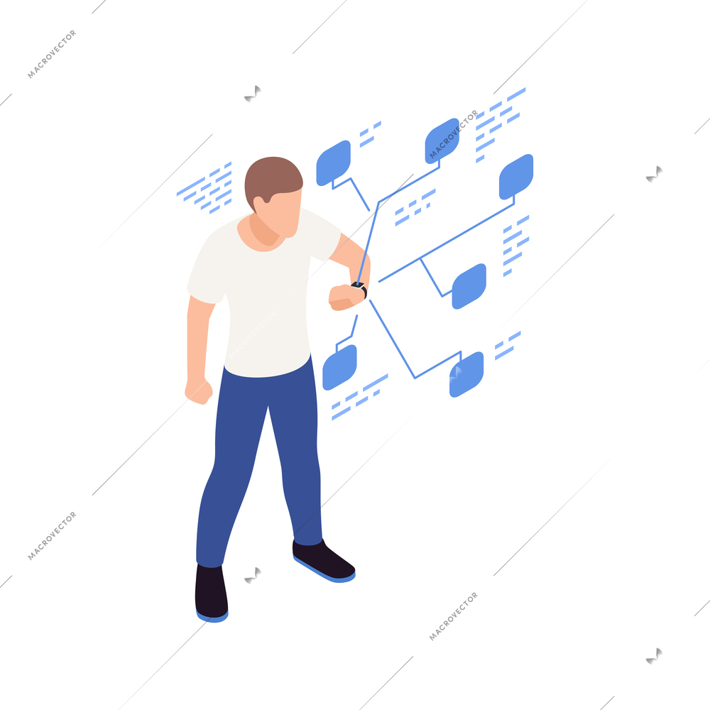 Internet of things isometric icon with man using smart watch 3d vector illustration