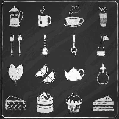 Tea icons chalkboard set with lemon honey teabag spoon isolated vector illustration