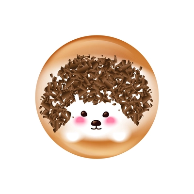 Realistic latte art with cute hedgehog foam chocolate crumbs vector illustration