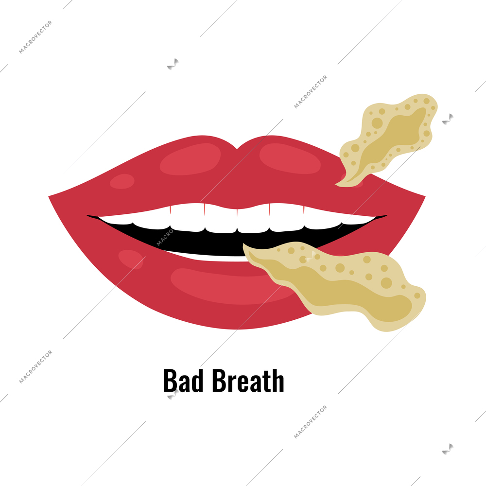 Dental oral problem flat poster with female mouth and bad breath vector illustration