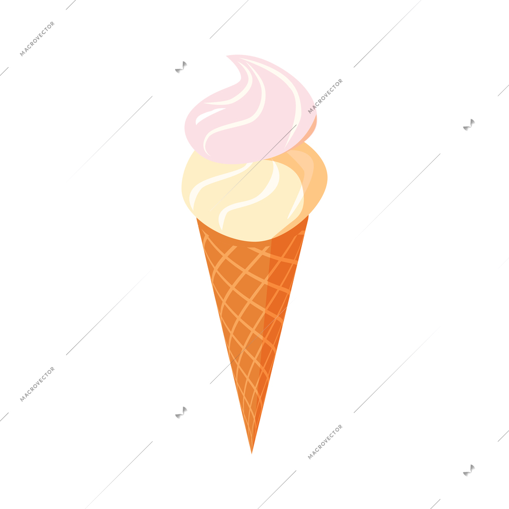 Isometric vanilla and strawberry ice cream in waffle cone 3d vector illustration