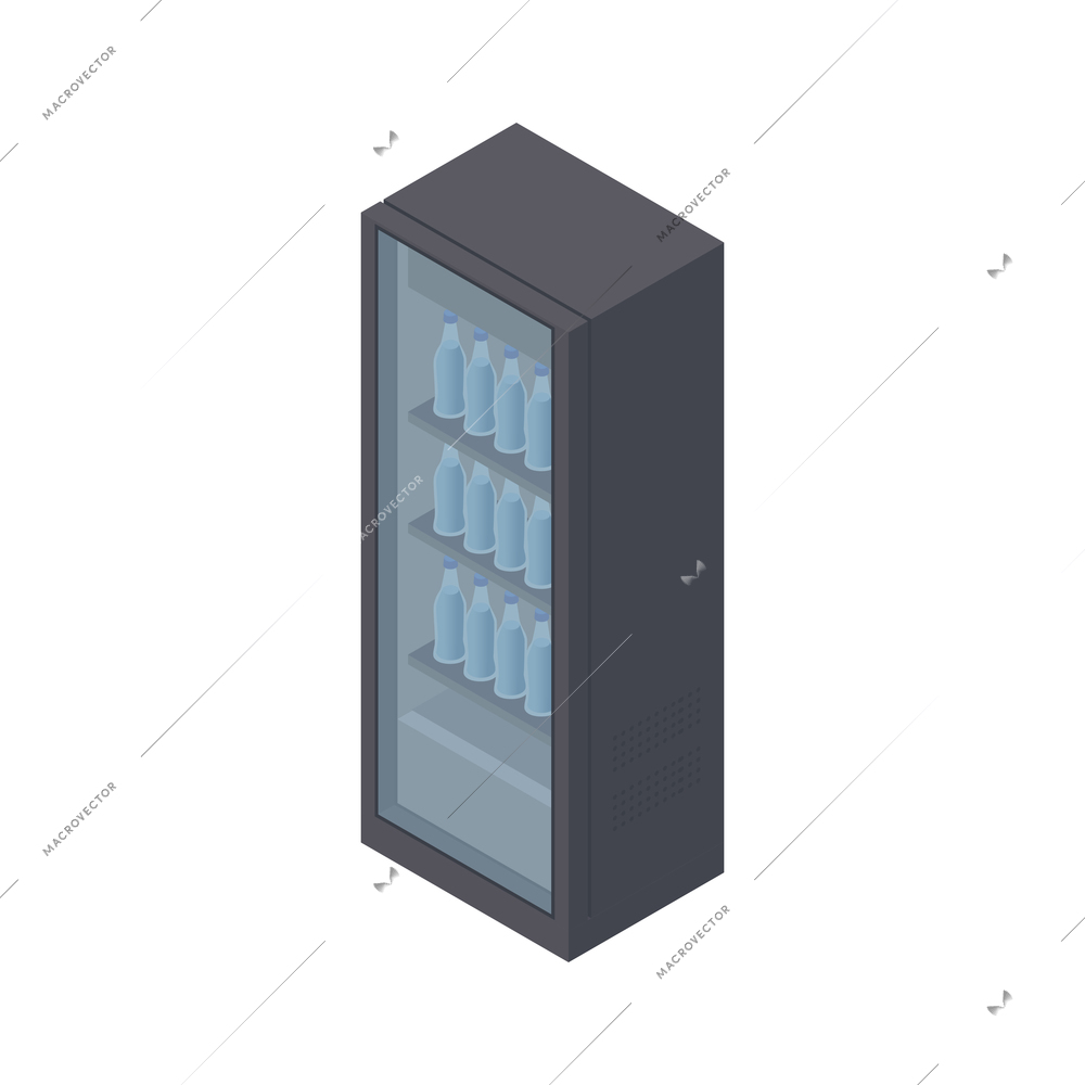 Isometric fridge for drinks with water bottles 3d vector illustration