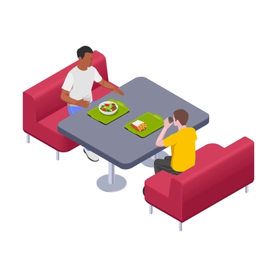 Two people eating salad and burger drinking coffee in food court isometric vector illustration