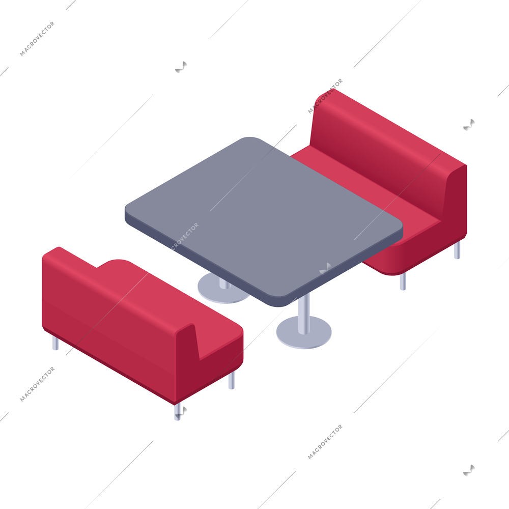 Food court isometric icon with empty table and sofas 3d vector illustration