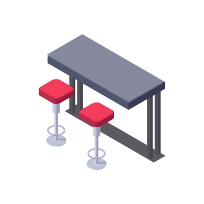 Isometric counter with stools for bar or food court interior 3d vector illustration