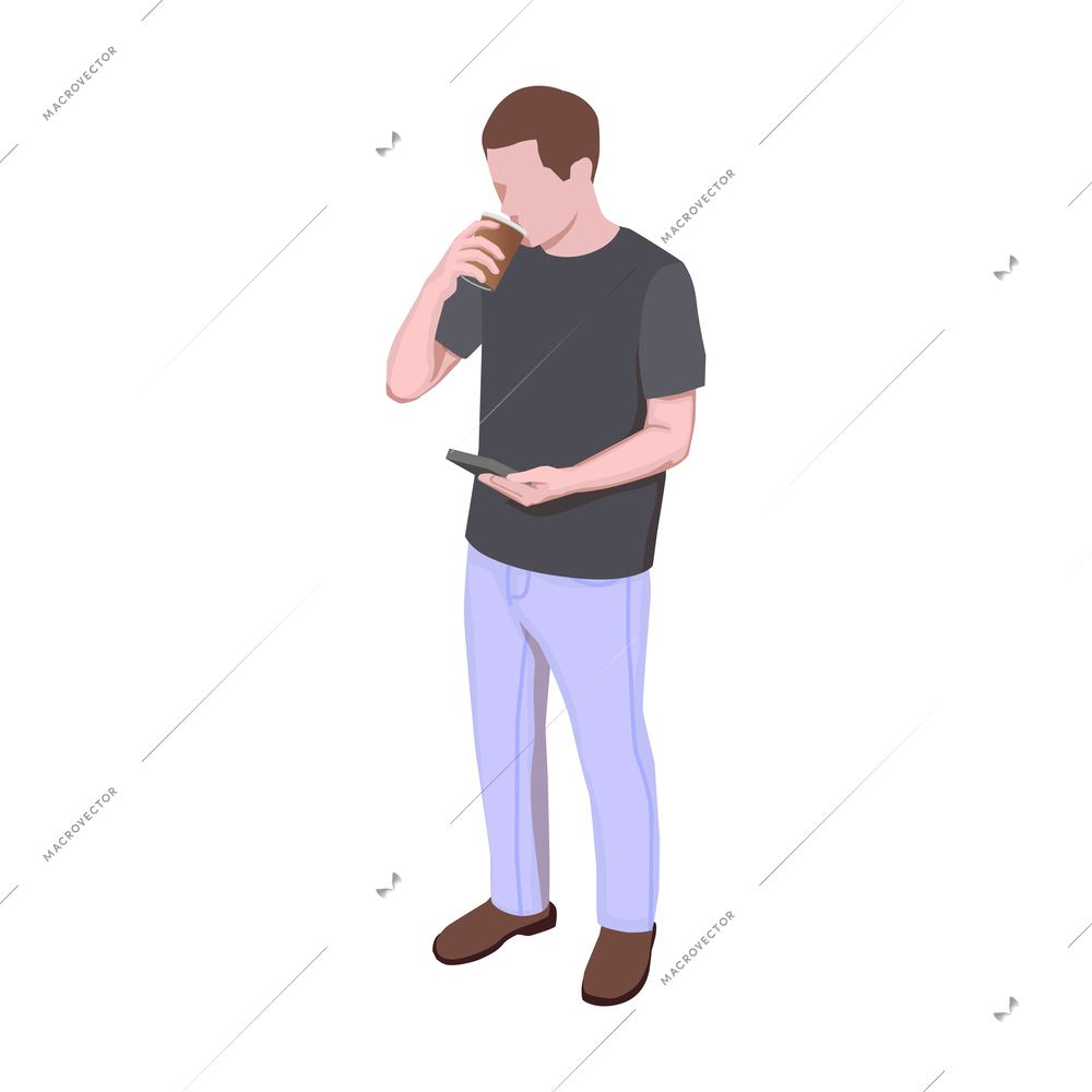 Isometric man drinking coffee and using smartphone 3d vector illustration
