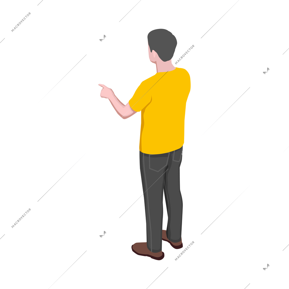 Man in yellow tshirt pointing with his finger isometric vector illustration