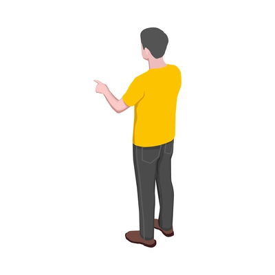 Man in yellow tshirt pointing with his finger isometric vector illustration