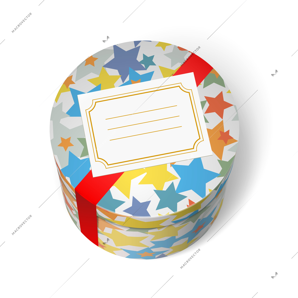 Party present box with stars red ribbon and welcome blank card isolated vector illustration