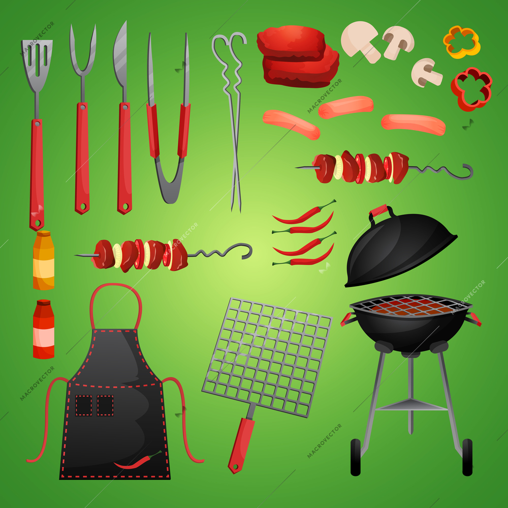 Meat and vegetables bbq food fire outdoor party decorative icons set isolated vector illustration