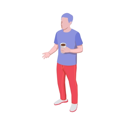 Isometric character of man with cup of coffee 3d vector illustration