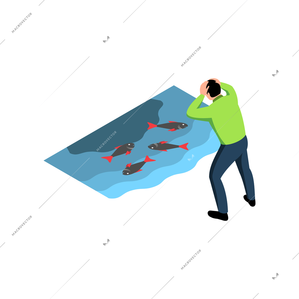 Water pollution isometric icon with shocked character looking at dead fish in polluted sea 3d vector illustration