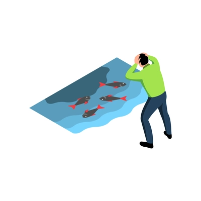 Water pollution isometric icon with shocked character looking at dead fish in polluted sea 3d vector illustration