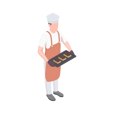 Isometric icon with character of male chef holding tray with cakes 3d vector illustration