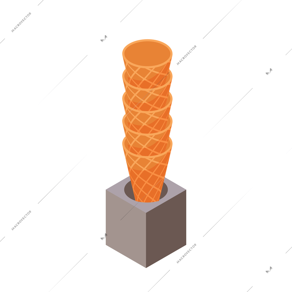 Isometric icon with stack of empty waffle cones for ice cream 3d vector illustration