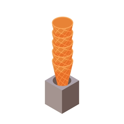 Isometric icon with stack of empty waffle cones for ice cream 3d vector illustration