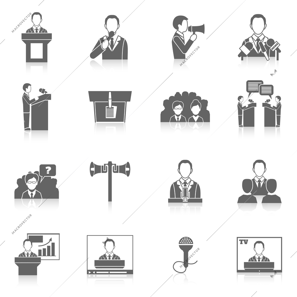 Public speaking black icons set with orator lecturer public speaker isolated vector illustration
