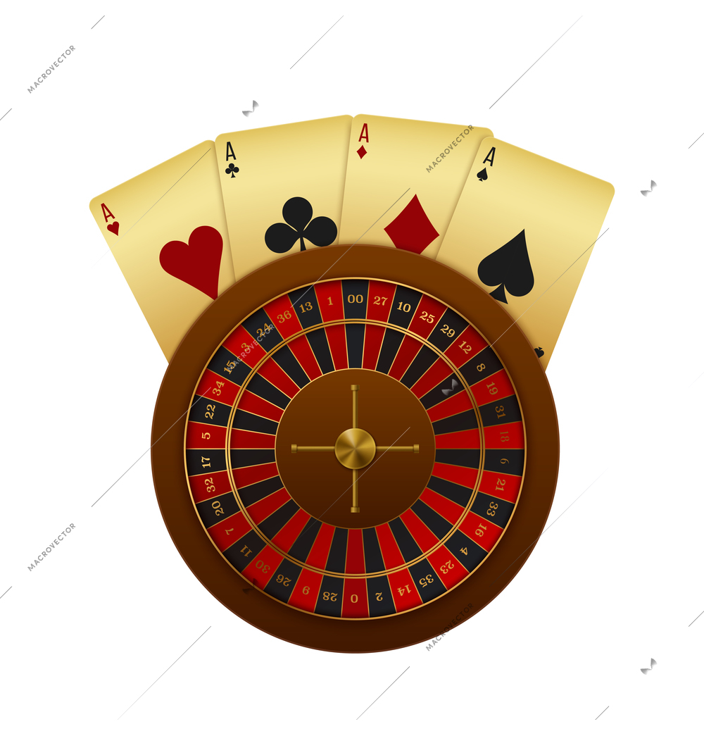 Realistic casino composition with roulette wheel and cards vector illustration