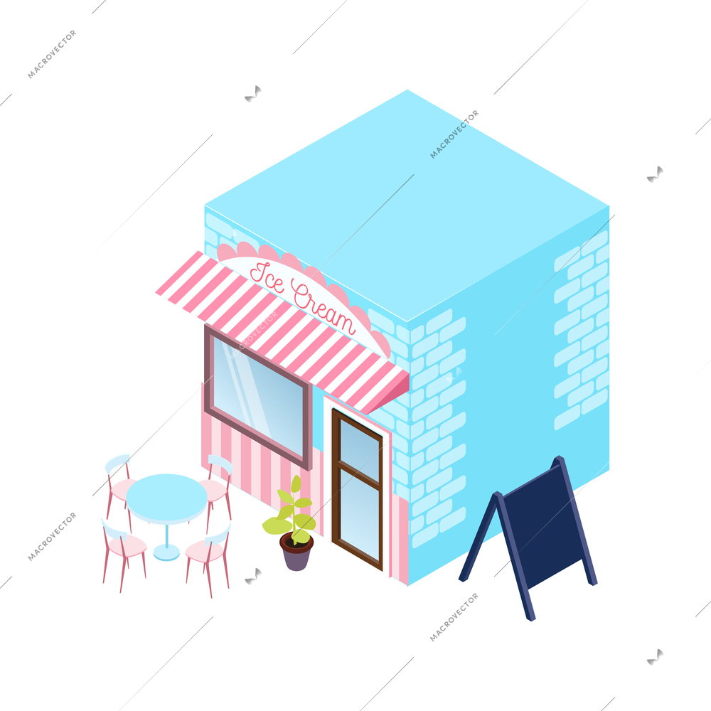 Isometric ice cream shop building with outdoor table and chairs 3d vector illustration