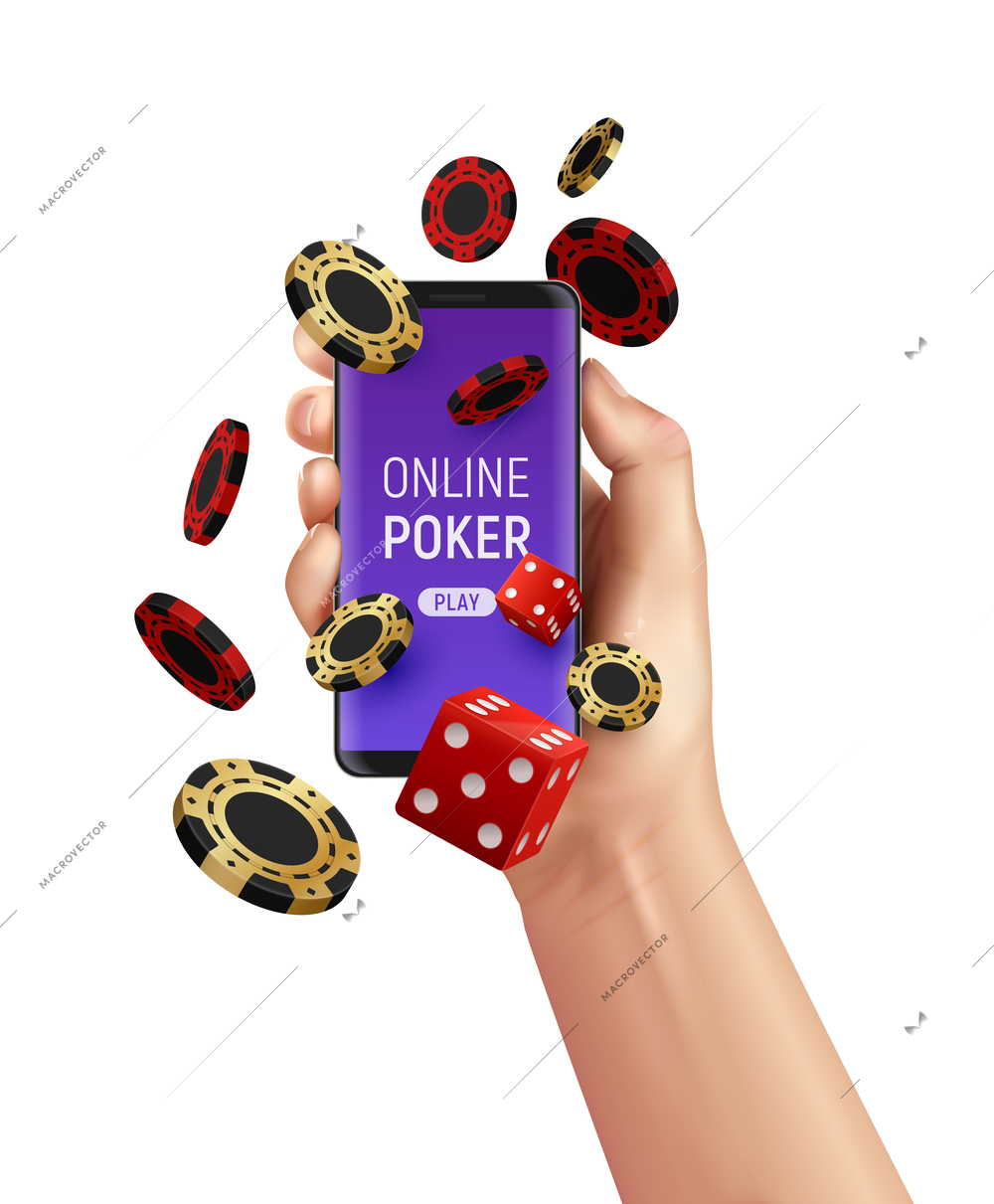 Online casino poker composition with human hand holding smartphone chips and dice vector illustration
