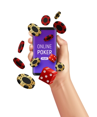 Online casino poker composition with human hand holding smartphone chips and dice vector illustration