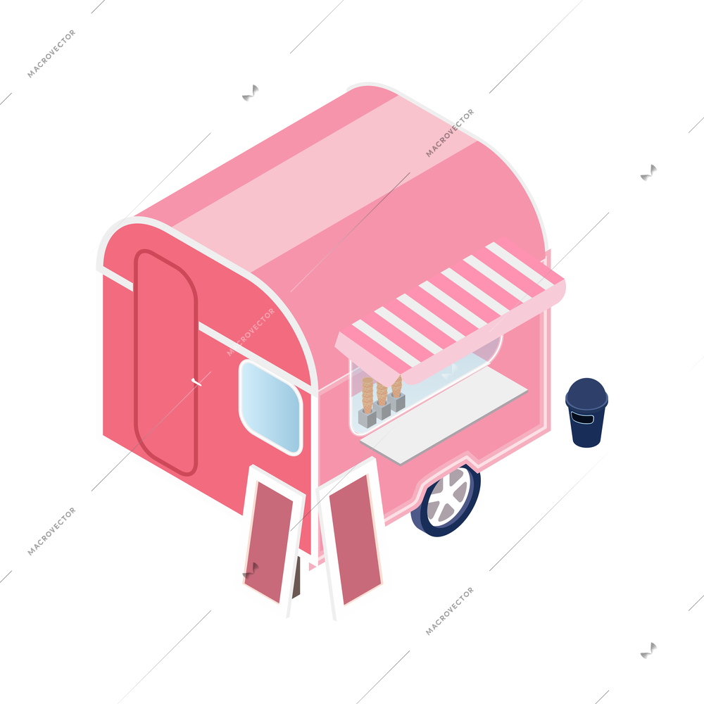 Pink ice cream truck with shed and rubbish bin isometric icon 3d vector illustration