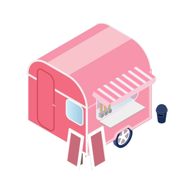 Pink ice cream truck with shed and rubbish bin isometric icon 3d vector illustration