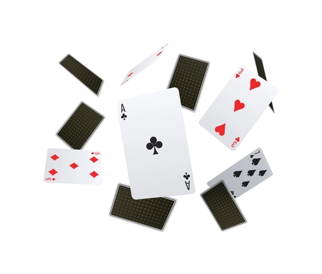 Poker club composition with falling front and back playing cards vector illustration