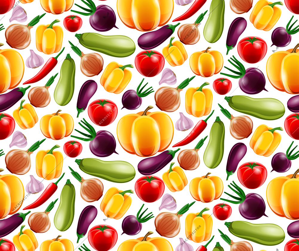 Food vegetables realistic seamless pattern with onion tomato eggplant vector illustration