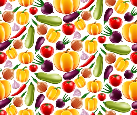 Food vegetables realistic seamless pattern with onion tomato eggplant vector illustration