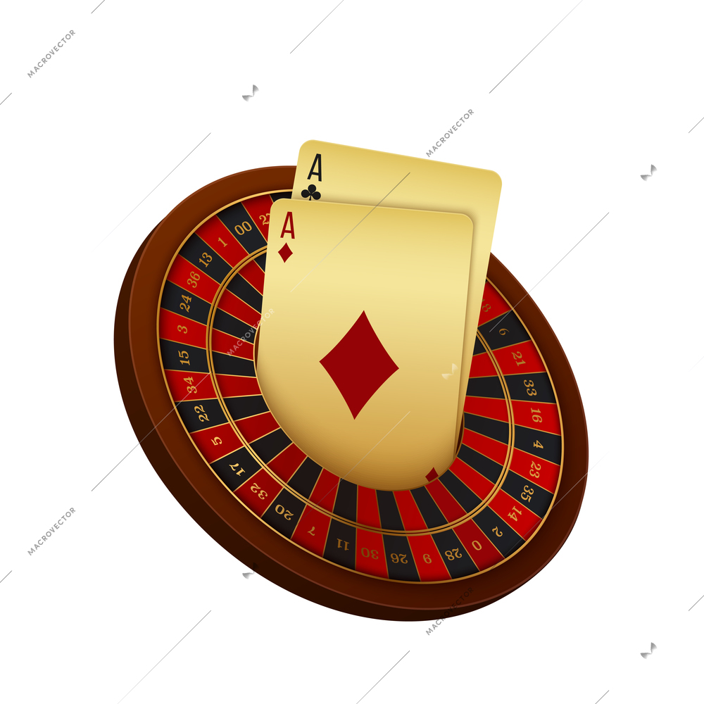 Realistic casino roulette wheel and cards vector illustration