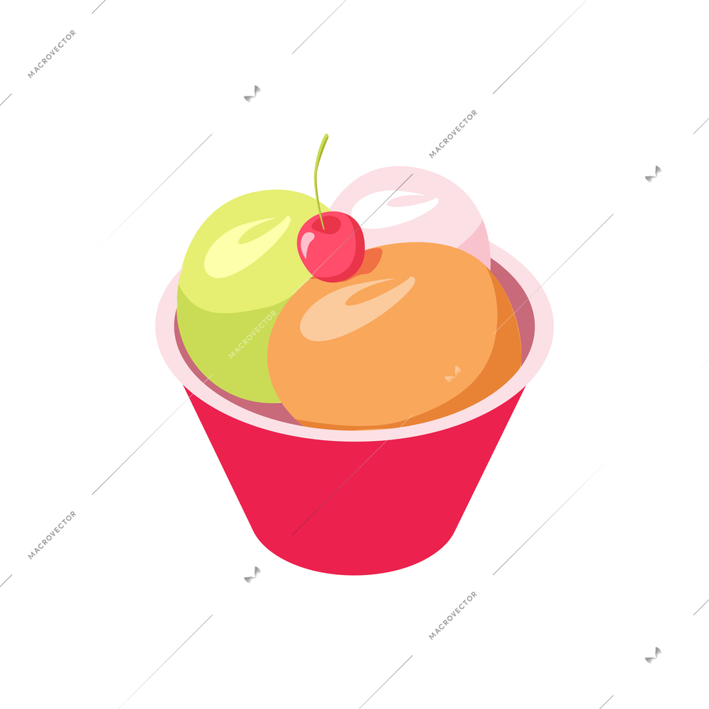 Isometric bowl with three colorful ice cream scoops and cherry 3d vector illustration