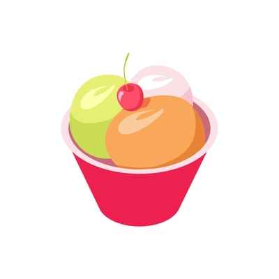 Isometric bowl with three colorful ice cream scoops and cherry 3d vector illustration