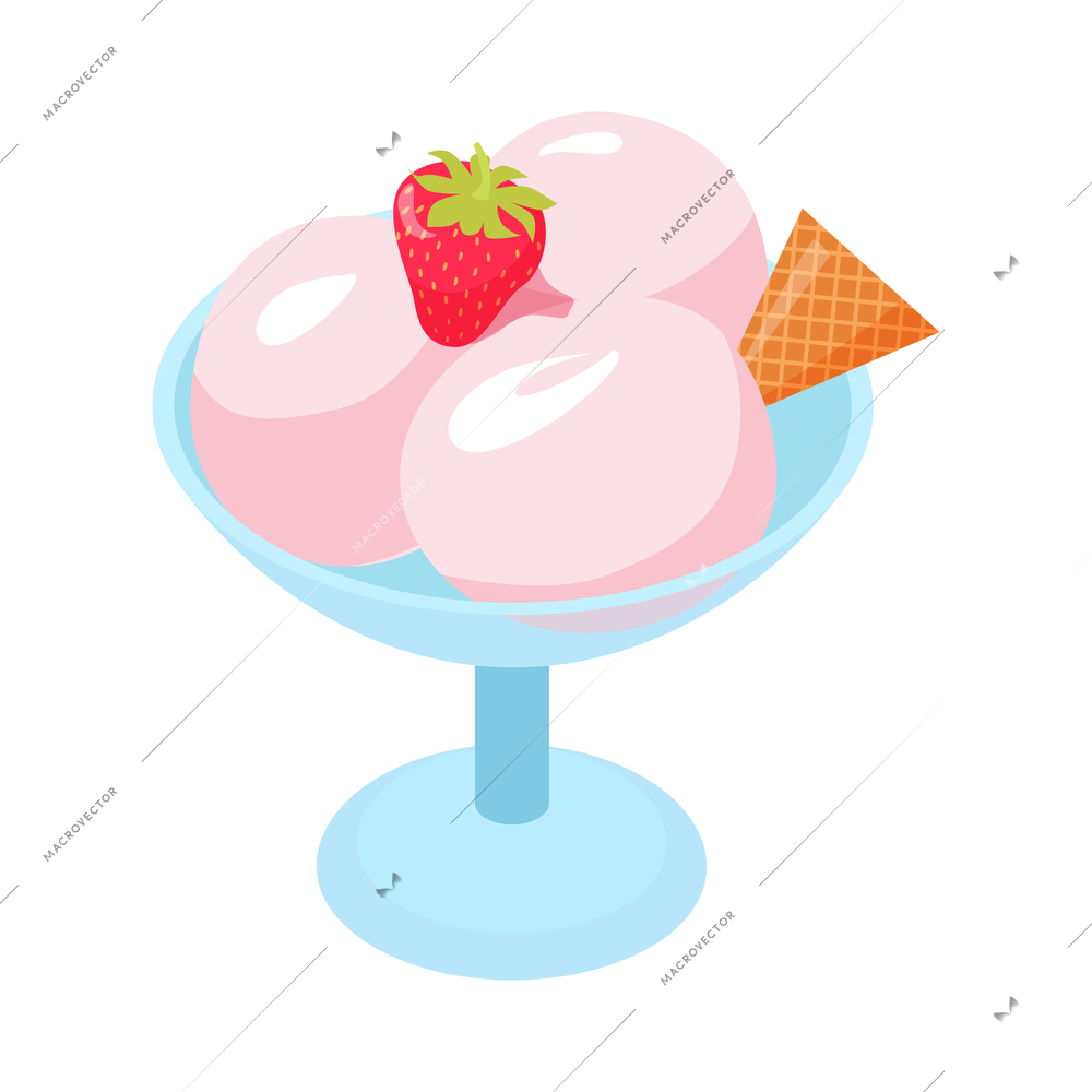 Isometric icon with cup of ice cream with fresh strawberry and small waffle cone vector illustration