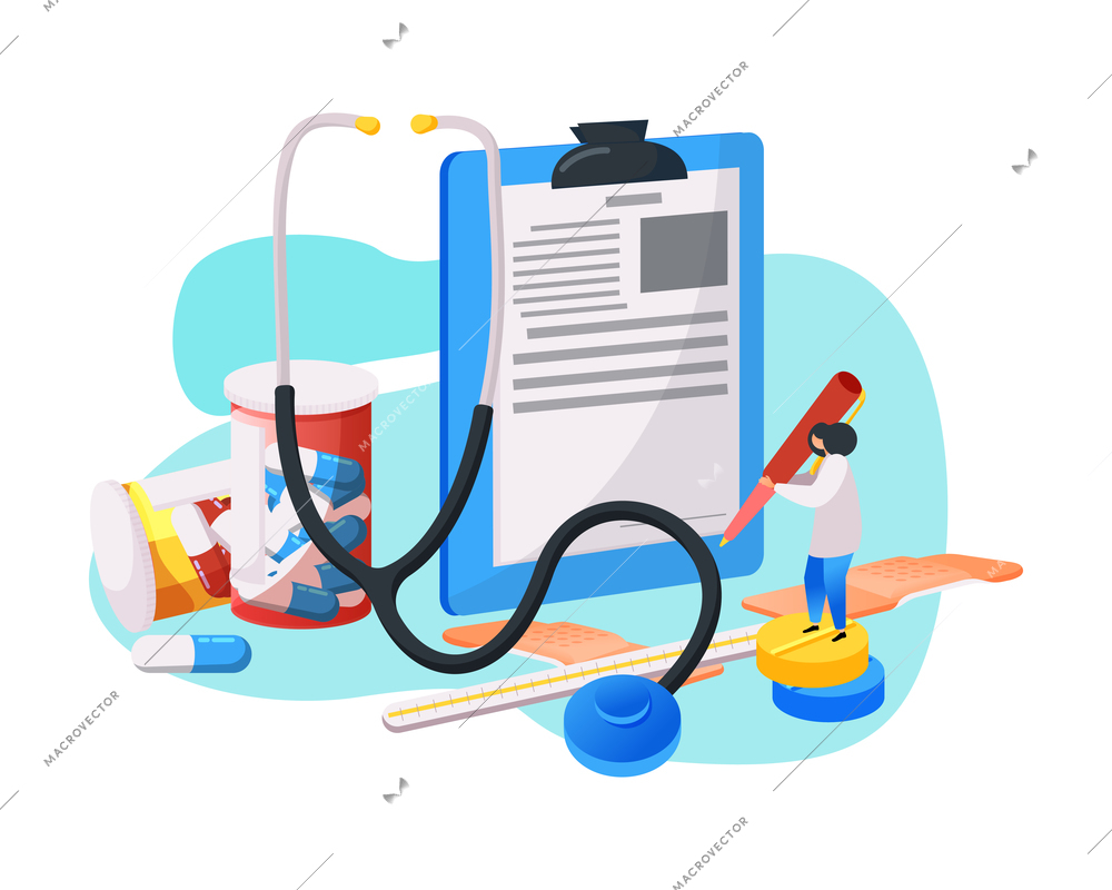 Flat medical center composition with medicine and medical supplies vector illustration