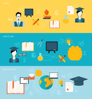 Education school university online banner set with training research learn to think isolated vector illustration