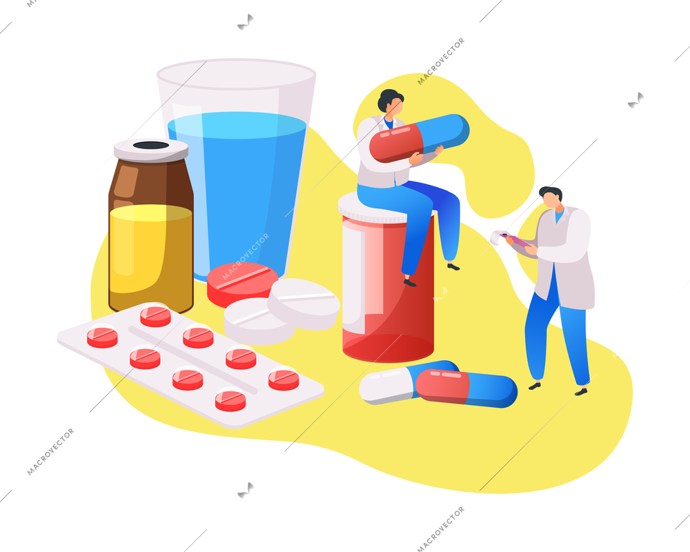 Medical center composition with flat characters of doctors and medication vector illustration