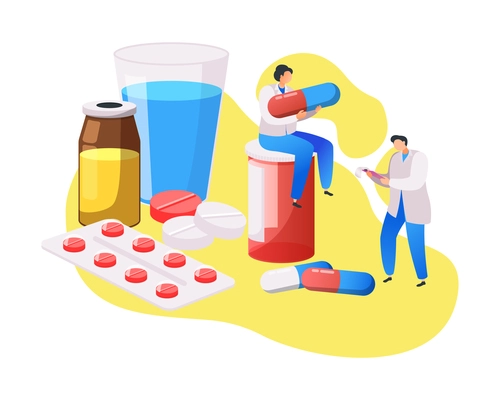 Medical center composition with flat characters of doctors and medication vector illustration