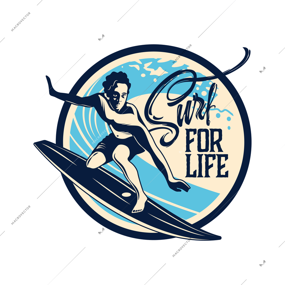 Surfing hand drawn emblem in retro style with young surfer on board vector illustration