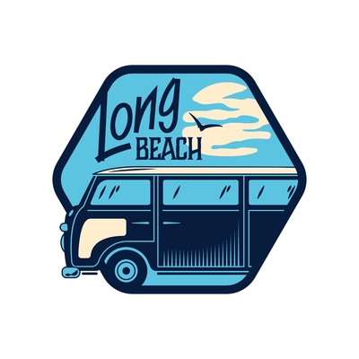 Long beach hand drawn retro emblem with travel bus vector illustration